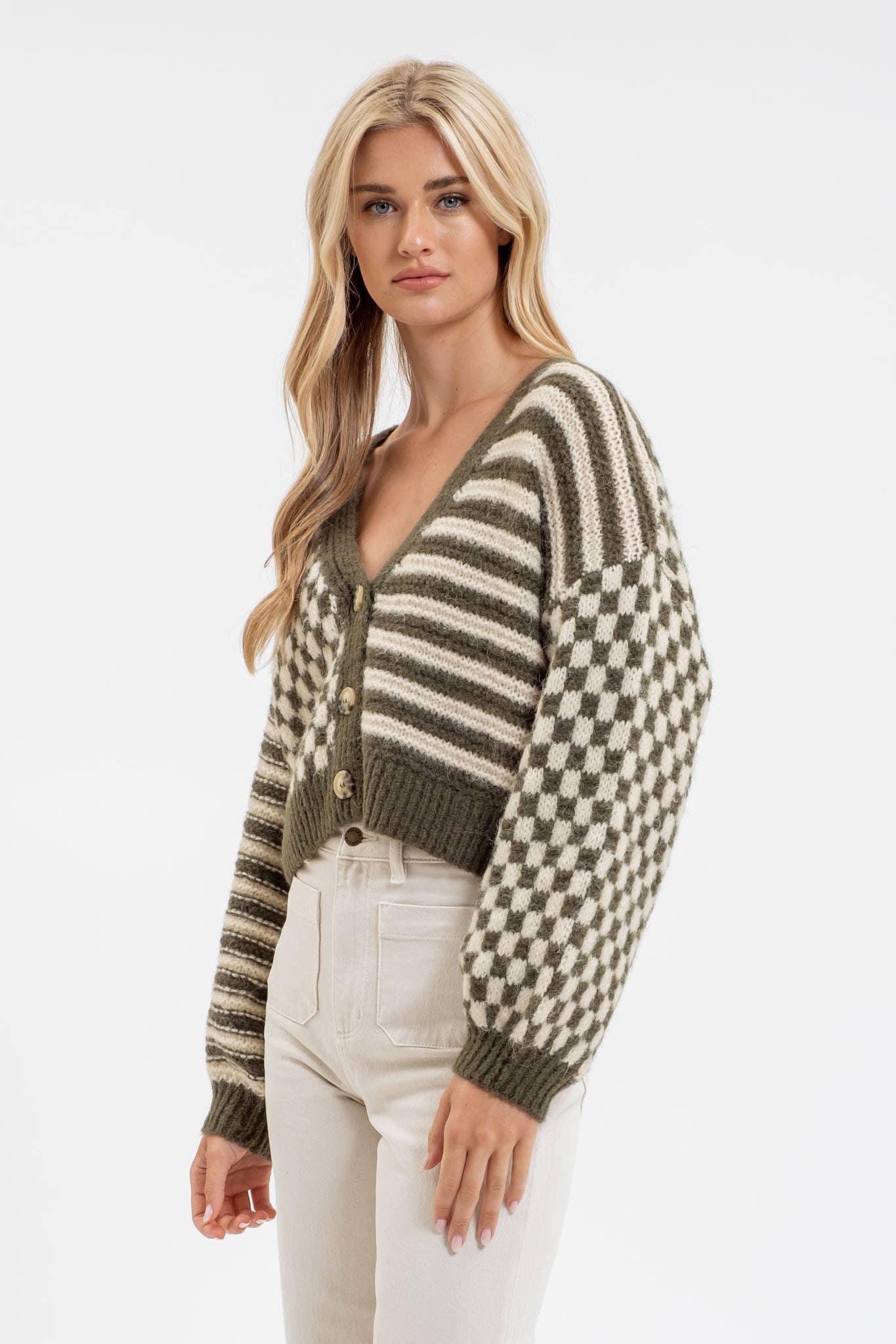 STRIPE AND CHECKERED DROP SHOULDER KNIT CARDIGAN